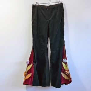 Unique handmade one of a kind bell bottom boho corduroy pants w/ floral detail